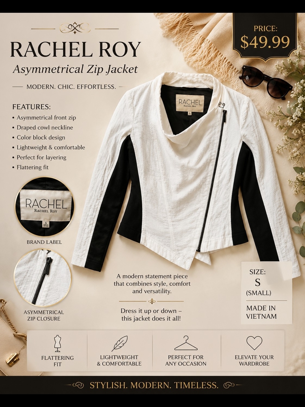 RACHEL Rachel Roy White and Black Asymmetrical Zip Jacket
